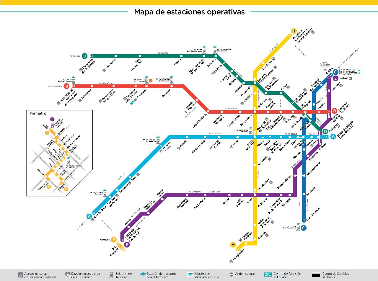 Mapa de la red de subte de Buenos Aires con las líneas A, B, C, D, E y H